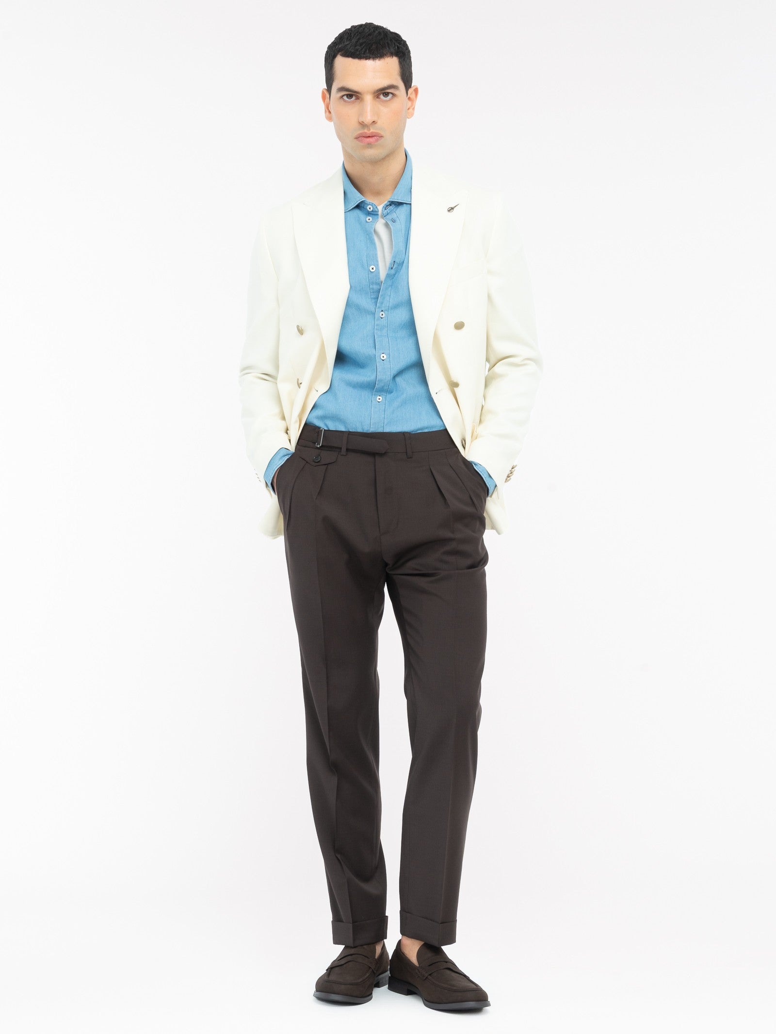 Pantalone doppia pinces fresco di lana stretch 44 / MARRONE