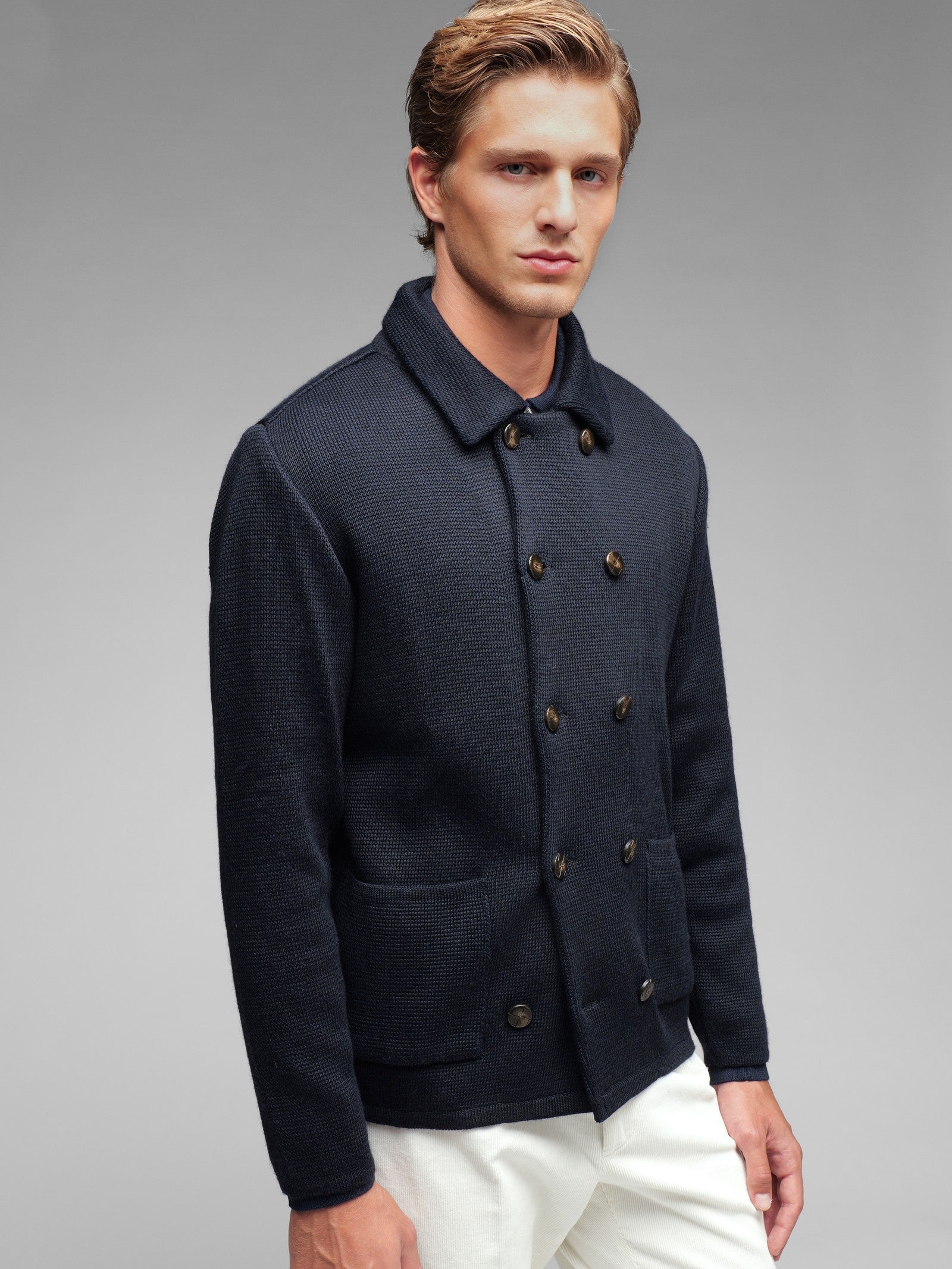 Giaccone doppiopetto in maglia misto lana 44 / BLU