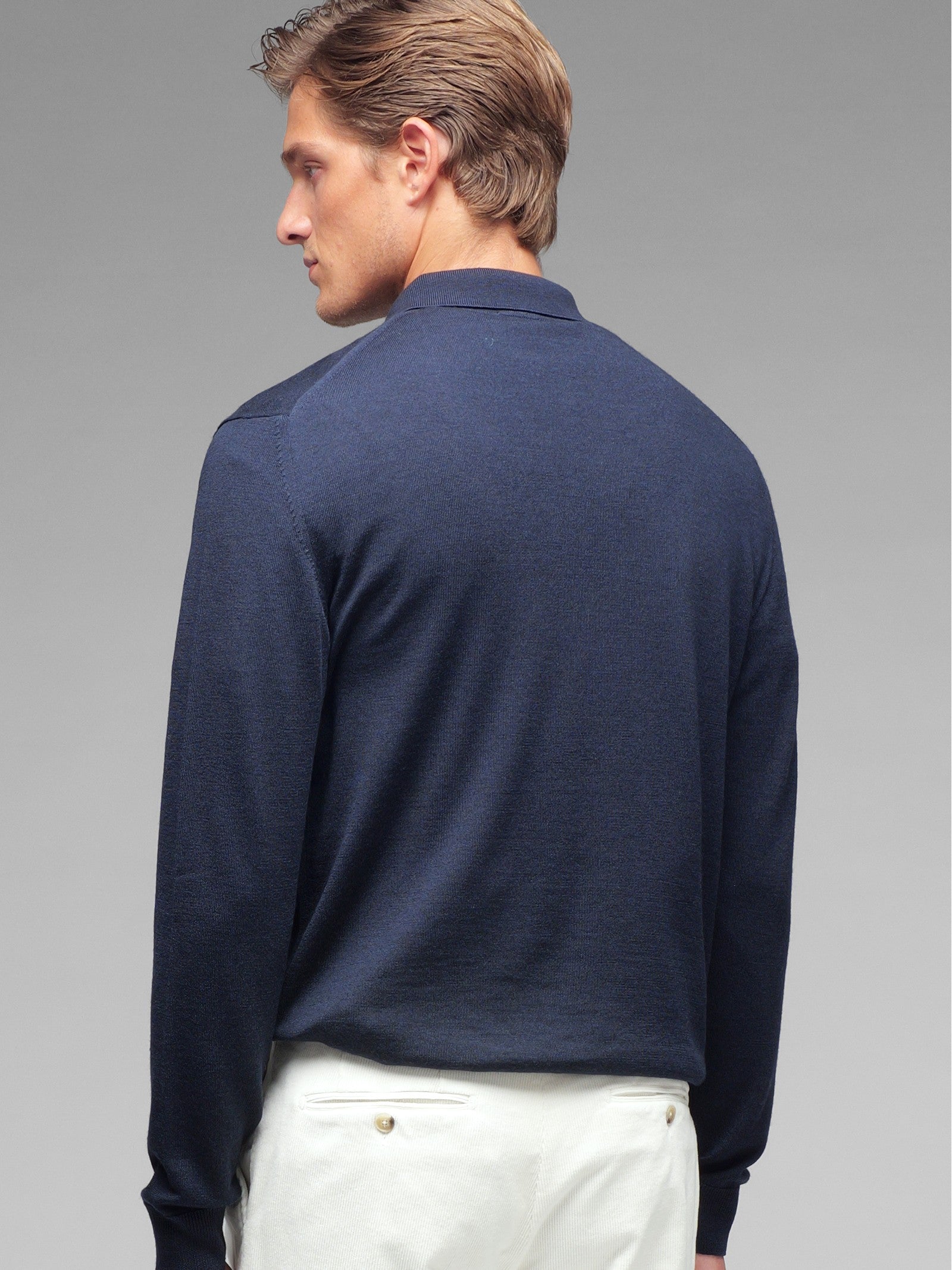 Polo manica lunga rasato pura lana merinos 3XL / BLU